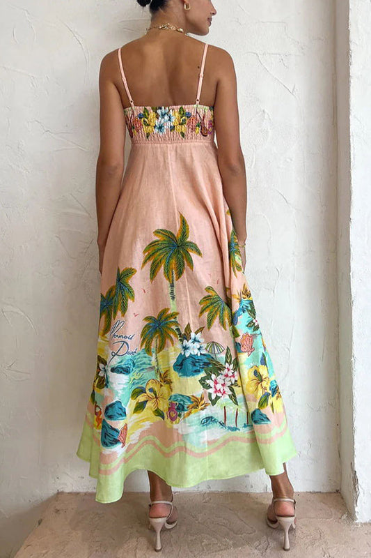 JO | Coconut Scenery Linen Blend Tropical Print Smocked Back Midi Dress