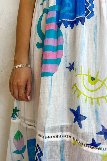 JO | She's The Fun Linen Blend Playful Print Ladder Trim Midi Dress