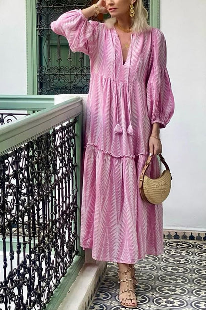 JO | Marrakech Stories Linen blend printed midi dress with balloon sleeves and A-line pockets