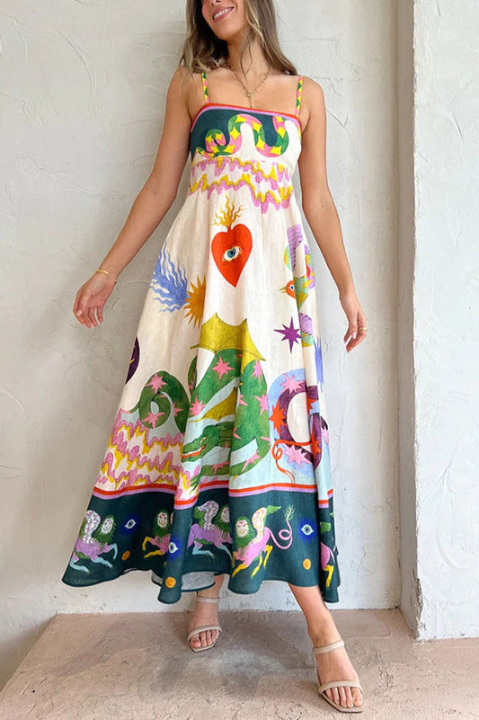 JO | Feel Effortlessly Linen Blend Unique Print Smocked Back Midi Dress
