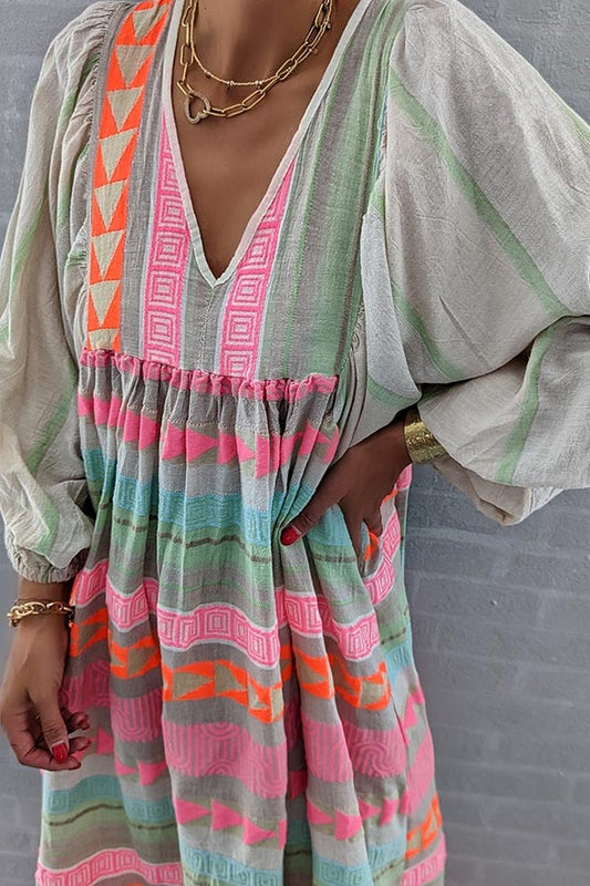 JO | Pink striped midi dress with Greek key and orange necklace