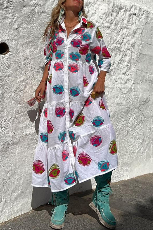 JO | Take Me To Cabo Ethnic Unique Print Button Loose Shirt Midi Dress