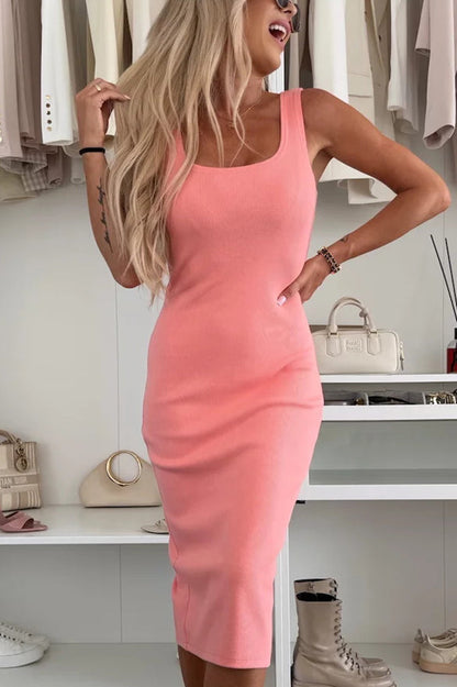 JO | Comfort and femininity rib knit tank slit stretch midi dress