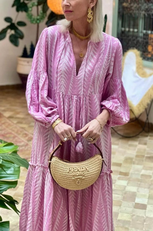 JO | Marrakech Stories Linen blend printed midi dress with balloon sleeves and A-line pockets