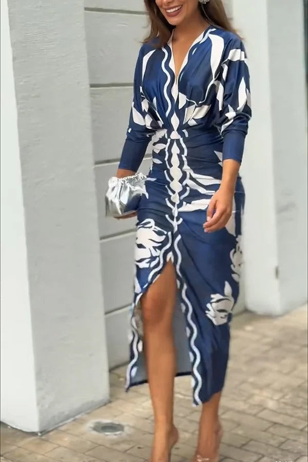 JO | Caliana Unique Print Dolman Long Sleeve Ruffled Slit Midi Dress