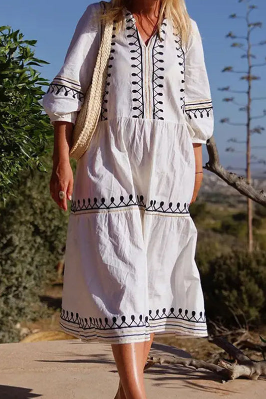JO | V-neck Casual Loose Embroidered Midi Sleeve Midi Dress