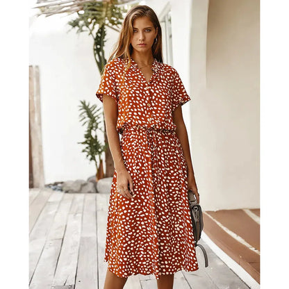 JO | Dots Print White Dress Women Summer Short Sleeve Tunic Boho Midi Dresses