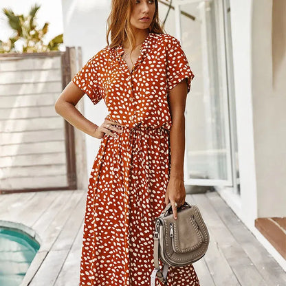 JO | Dots Print White Dress Women Summer Short Sleeve Tunic Boho Midi Dresses