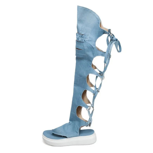 PXELENA Rome Hollow Out Summer Long Demim Boots Women Cross tied Thigh High Thong Gladiator Sandals Gothic Punk Platform Shoes