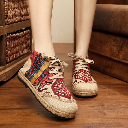 Veowalk High Top Cotton Embroidered Women Casual Linen Flat Shoes Handmade Lace Up Thick Hemp Soled Canvas Sneakers Zapato Mujer