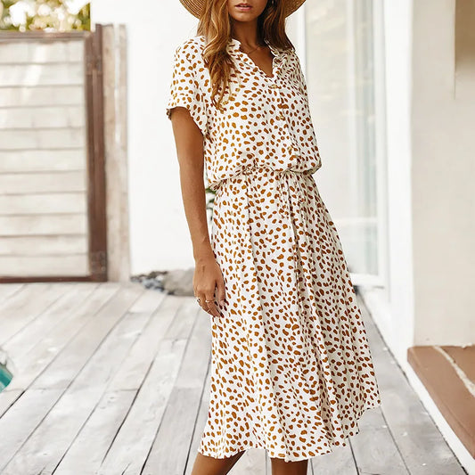 JO | Dots Print White Dress Women Summer Short Sleeve Tunic Boho Midi Dresses
