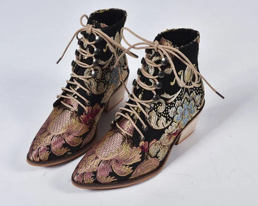 3 colors Autumn Retro Women Embroidery Flower Short Boots Lady Elegant Lace Up Ankle Boots Female Chunky Botas Mujer size 35-43