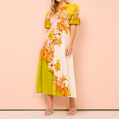 JO | Women's midi dress - Fitted waist - Puff sleeves - Floral print - Flared hem - Slip-on