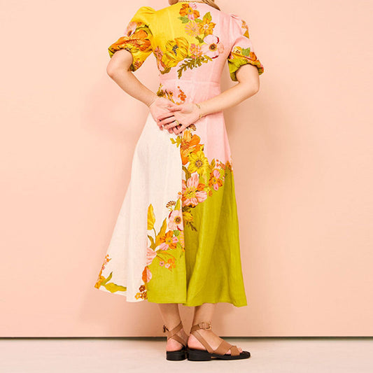 JO | Women's midi dress - Fitted waist - Puff sleeves - Floral print - Flared hem - Slip-on
