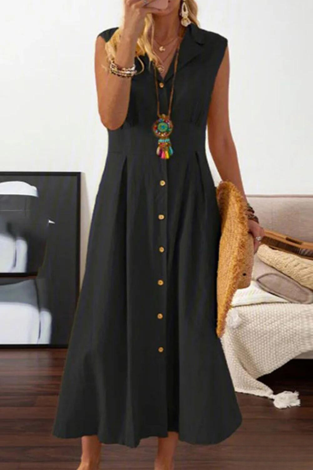 JO | sleeveless midi dress with overlapping buttons.