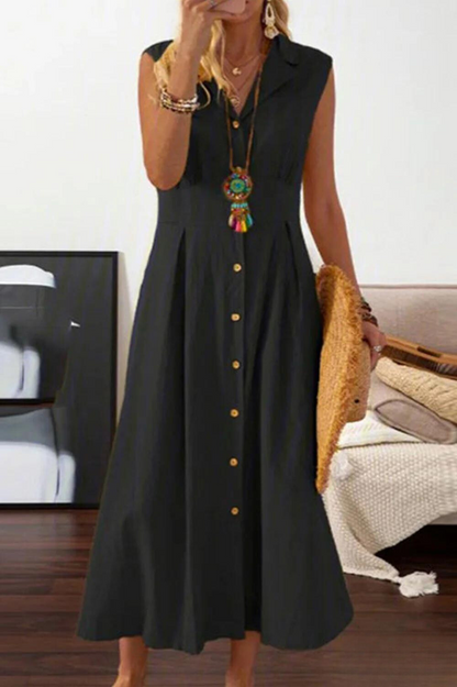 JO | sleeveless midi dress with overlapping buttons.