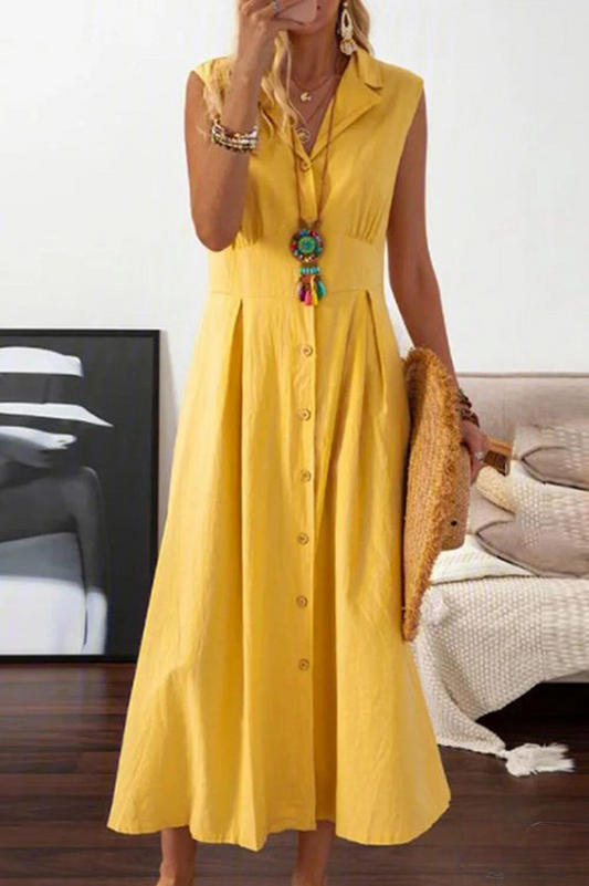 JO | sleeveless midi dress with overlapping buttons.