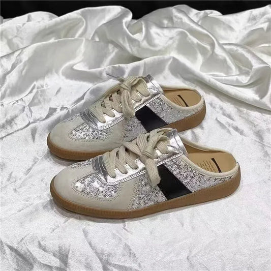 2025 new women's gold sequined closed toe sandals for outdoor wear versatile casual sports shoe style