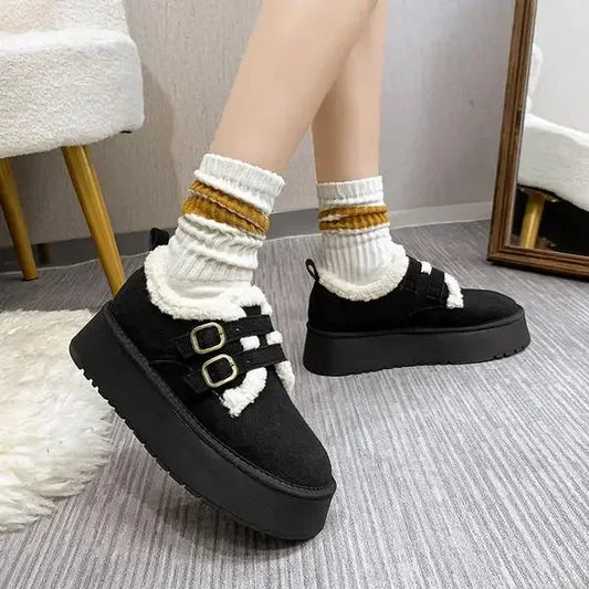 Women's Thick-soled Loafers Fur Round-toe Casual Sneakers Flat Shoes New Dress Winter Solid Color Keep Warm Breathable Versatile