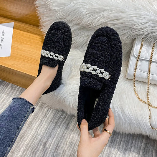 Luxury Winter crystal flower cotton shoes women shearling loafers sneakers warm plush moccasins fur flats woman plus size 42/43