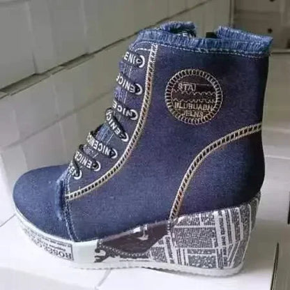 Boots Women Newpaper Lace-up Platform Wedge Ankle Denim Wedges Sneakers Platform Boots Vulcanized Shoes Ladies Side Zipper Botas