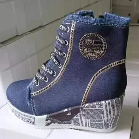 Boots Women Newpaper Lace-up Platform Wedge Ankle Denim Wedges Sneakers Platform Boots Vulcanized Shoes Ladies Side Zipper Botas