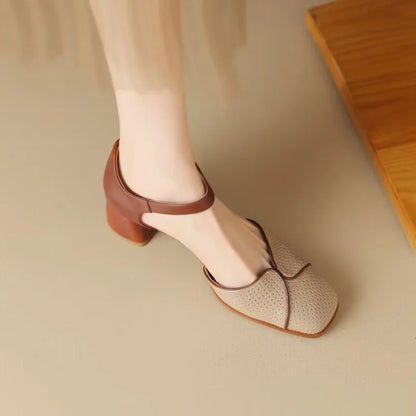 Summer New Square Head Hollowed-out Bowhead Sandals Women's Medium Heel Chunky Breathable High Heels
