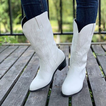 2024 Classic Embroidered Western Cowboy Boots for Women Leather Cowgirl Boots Low Heels Shoes Knee High Woman Boots Size36-43