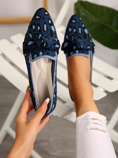 Leopard Print Flat Shoes for Women, Shallow Slip-On Bow Shoes for Women