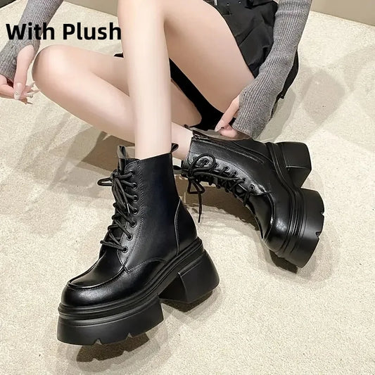Women'S White Faux Cover Mid-Calf Boots with Thick Platform Sole, Lace-Up Ankle Boots All-Season Versatile Footwear