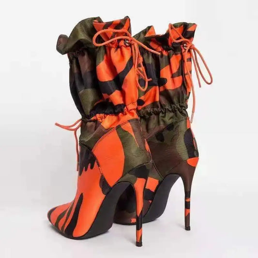 2023 High Heels Pointed Toe Mid Calf Boots for Women Fashion Camouflage Print Stiletto Lace Up Women's Shoes Botas Mujer