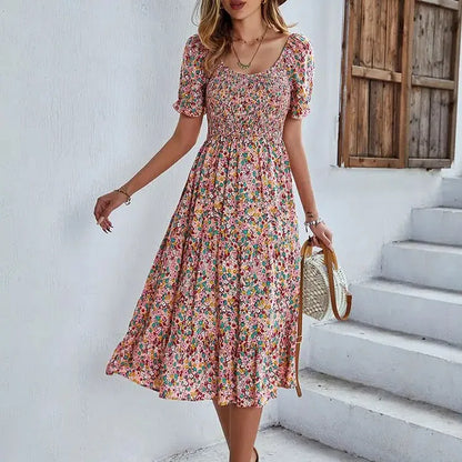 JO | Bohemia Print Dress Women New Summer Midi Dress Puff Sleeves