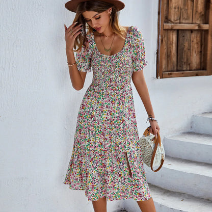 JO | Bohemia Print Dress Women New Summer Midi Dress Puff Sleeves