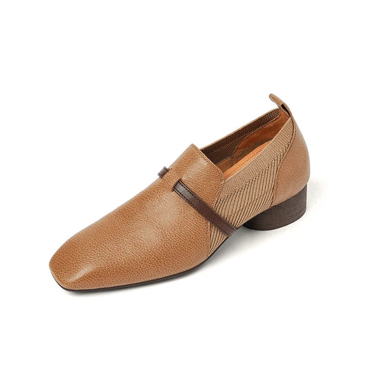 2025 Size 34-40 Women's Cow Leather Stretch Knit Patchwork Slip-on Pumps 4cm Thicm Med Heel Sqaure Toe Casual Female Dress Shoes