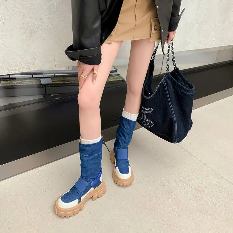 Rock Shoes Woman Luxury Designer Flat Heel Boots-Women Round Toe Fashion 2024 Ladies Autumn Med Ankle Slip-On Cotton Fabric Bas