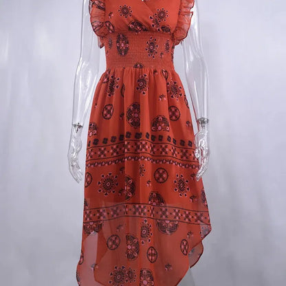 JO | Summer Women Vintage Pattern Smocked Ruffle Midi Dress