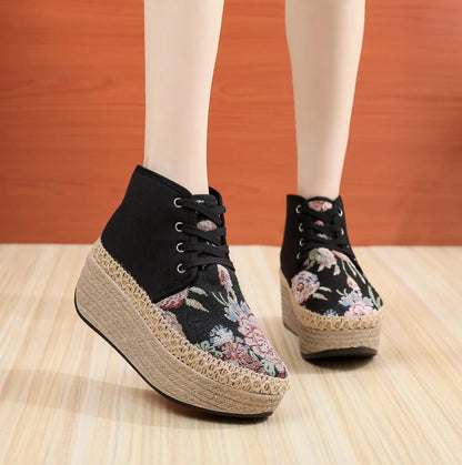 2024 New Retro Women Linen Cotton Fabric Embroidered Short Ankle Platform Boots Comfortable Ladies Lace Up Booties Winter Shoes