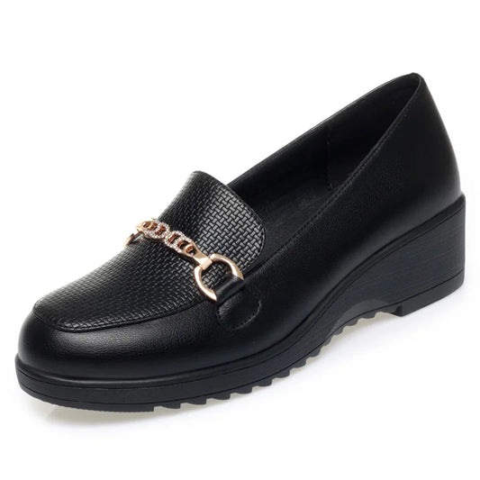 Spring Summer Women Loafers Flat Shoes Height Increasing Black Footwear Slip-on Moccasins Casual Wedge Soft Leather Shoes