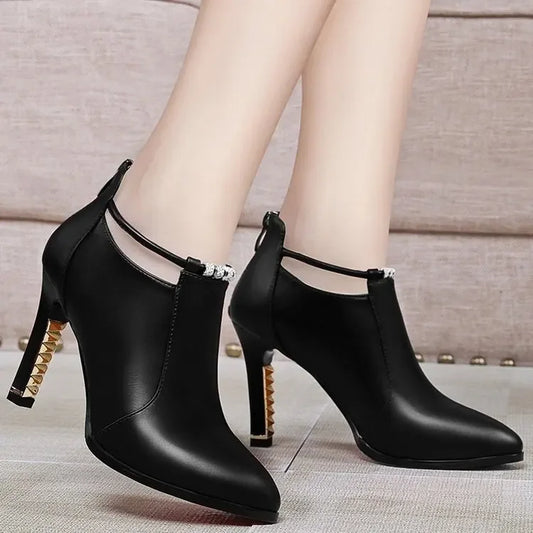 2024 Great Quality Boots Women High Heels Pointed Toe Women's Shoes Red Shoes Gold Decor Thin Heels Slip-on Ladies Modern Boots