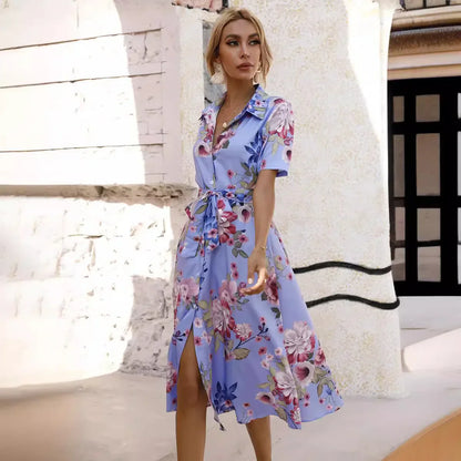JO | Spring Summer Women Floral Print Midi Dress with Short Sleeves and Turn Down Collar for Casual Party and Outing