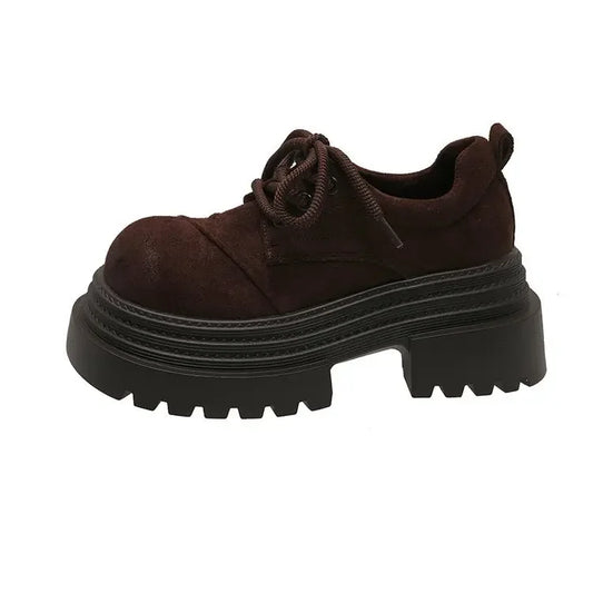 Women heels brown vintage platform Nubuck Leather Shoes women's Comfortable Lace Up Oxford Loafers Casual College Student Shoe