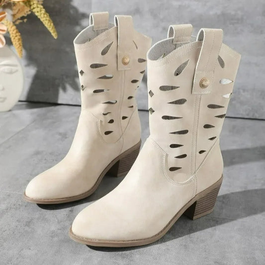 Autumn and Winter New Retro Western Cowboy Boots Hollow Square Heel V-mouth Knight Boots Women's Fashion Short Boots