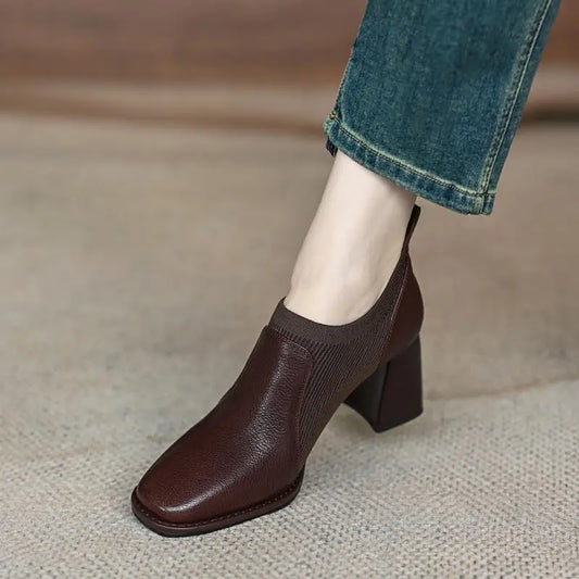 Women's High Heels Spring and Autumn Slip on Knitted Deep-cut Single Shoes British Style Square Toe Chunky Heel Pu Leather Shoes