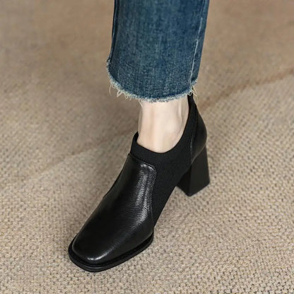 Women's High Heels Spring and Autumn Slip on Knitted Deep-cut Single Shoes British Style Square Toe Chunky Heel Pu Leather Shoes