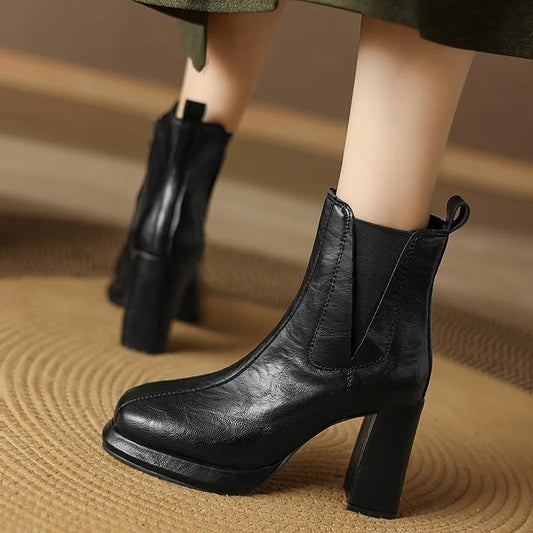 2024 Autumn/Winter Women Boots Round Toe High Heel Shoes for Women Leather Boots Women Handemade Shoes Ankle Boots Ladies Shoes
