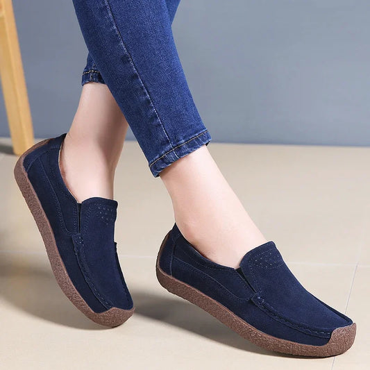 2025 New Spring Autumn Women Moccasins Suede Leather Flats Square Toe Comfortable Slip-on Shoes Fall Casual Apricot Loafers Lady
