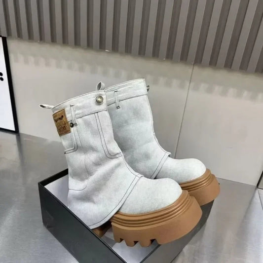 Ladies Shoes 2025 Fashion Sleeve Women's Boots Spring Autumn Round Toe Denim Solid Middle Tube Platform Chunky Heels Boots