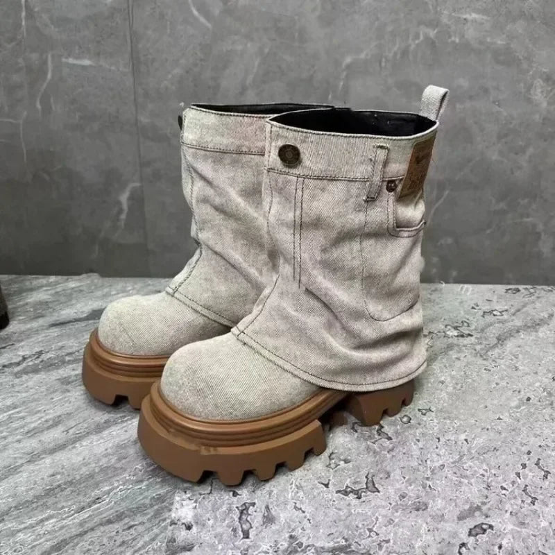 Ladies Shoes 2025 Fashion Sleeve Women's Boots Spring Autumn Round Toe Denim Solid Middle Tube Platform Chunky Heels Boots