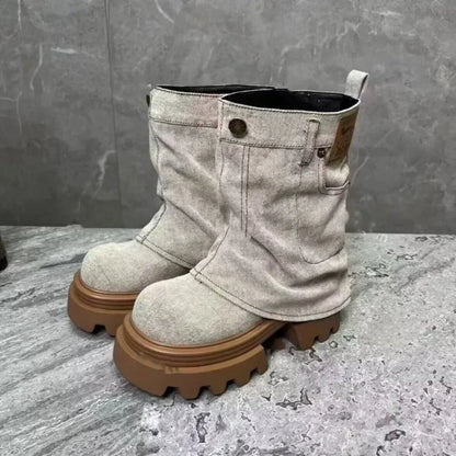 Ladies Shoes 2025 Fashion Sleeve Women's Boots Spring Autumn Round Toe Denim Solid Middle Tube Platform Chunky Heels Boots