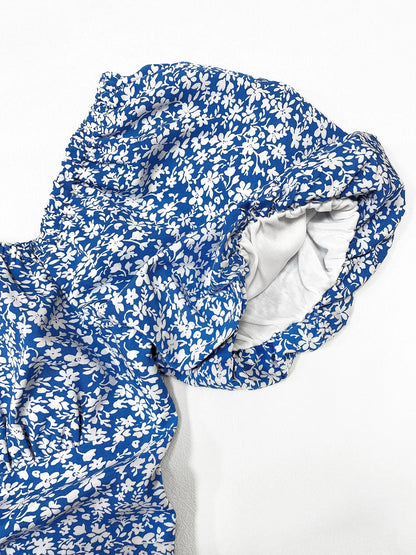 JO | Ladies Boho Ditsy Floral Print Ruched Split Thigh Midi Dress with Puff Sleeves and Square Neckline for Summer and Vacation
